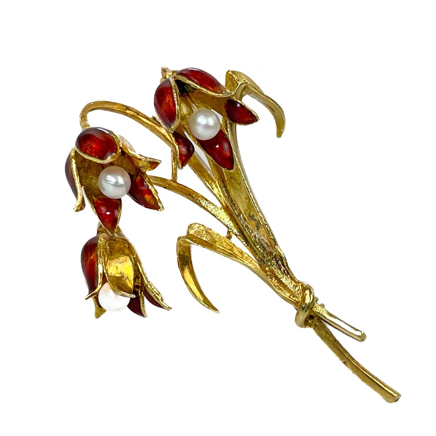 An 18ct red enamel and pearl set flower bouquet brooch.
