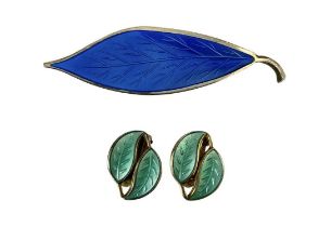 A David Andersen of Norway silver gilt enamel; leaf brooch and pair of leaf clip earrings.