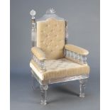 A 20th Century Anglo Indian chrome and glass throne chair, the seat and back upholstered in white