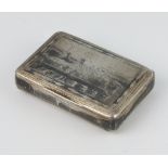 A Russian silver and niello snuff box decorated with palace scenes 7cm, 72 gramsThere is some wear