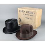 A black silk top hat by Joshua Turner size 7 1/8 contained within a Joshua Turner hat box, a brown