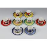 A set of 8 Wedgwood Clarice Cliff Cafe Chic coffee cans and saucers - Windmill, Brookfields,