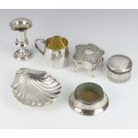 A Victorian silver shell butter dish Sheffield 1897, a Kiddish cup, mug, toilet jar, stand and