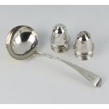 A George III silver ladle, London 1798 and a pair of condiments 84 grams