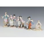A pair of Meissen figures of ladies and gentleman raised on a Rococo bases 13cm (1 a/f), a seated