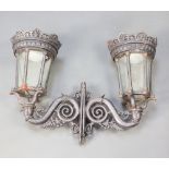 A pair of Victorian style pierced cast iron lamps and brackets 50cm x 42cm