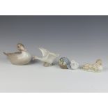 A Lladro figure of a goose and goslings in a basket 4895 5cm, a ditto of a goose 13cm, a sleeping