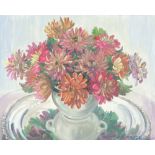 Macdonald Bruce, oil on canvas signed, still life study of a vase of flowers on a silver plated