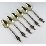 Six Continental white metal teaspoons with gilt bowls 124 grams