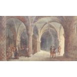 Watercolour indistinctly signed, figures in a crypt, dated 1920 26cm x 43cm
