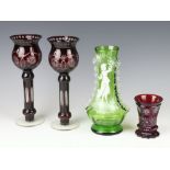 A pair of Bohemian cut glass tulip shaped vases 28cm, a ditto 11cm and a Mary Gregory style green