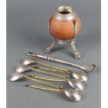 A gourd mounted on a white metal stand together with an Alpaca Eberle gourd strainer and 6 gilt
