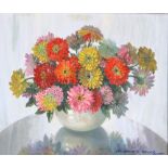 Macdonald Bruce, oil on board signed, still life study of a vase of flowers on a table 50cm x 60cm