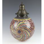 A Moroccan style coloured glass globular light with metal mounts 40cm