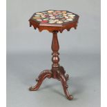 A Victorian style octagonal marble specimen table, raised on turned mahogany pillar and tripod