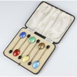 A set of 6 silver and guilloche enamel bean end coffee spoons Birmingham 1913, 52 grams, cased