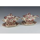 A pair of Masons Red Mandalay sauce tureens, covers, ladles and stands
