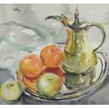 Aubrey Sykes 1910-1995, still life study of a Turkish coffee pot, oranges and a tray 47cm x 51cm,