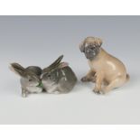 A Danish figure of a seated puppy 9cm, a ditto of 2 rabbits 10cm
