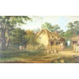 19th Century oil on canvas unsigned, study of a thatched cottage with cow and figure by a fence with