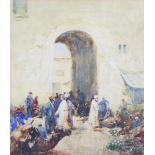 A 19th/20th Century watercolour, unsigned, Persian? market scene with figures before an arch 32cm