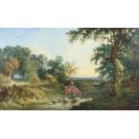 19th Century oil on canvas, rural scene with figure watering a horse, 31cm x 53cm