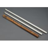 A Hardy bamboo fishing rod case together with 2 aluminum ditto