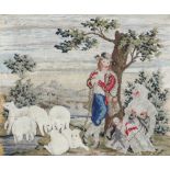 An 18th/19th Century Berlin wool work and stumpwork picture of a standing shepherd by a tree with