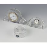 A Waterford Crystal timepiece 10cm, a Stuart Crystal box and a glass timepiece