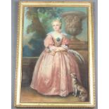A 19th Century style indistinctly signed pastel portrait of a young lady in a garden terrace with