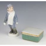 A Copenhagen figure of a boy 20cm, a Royal Copenhagen rectangular box and cover with crackle glaze