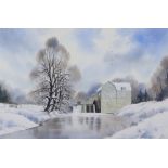 N Hinchcliffe, watercolour, snowy landscape with watermill 35cm x 54cm, signed to bottom right