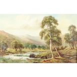 J S, 19th Century oil on canvas, mountain scene with river and trees, figure fishing, monogrammed to