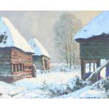 Mac Bruce, oil on board signed, farm buildings in winter landscape 40cm x 50cm