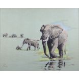 Judith Rodker, an embroidery of standing elephants, signed Judith Rodker 1973 49cm x 62cm, the