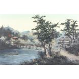 Two early 20th Century Japanese oils signed, extensive landscapes with figures contained in 2 colour