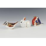 Three Royal Crown Derby Imari pattern paperweights - rabbit 6cm gold stopper, a crested tit 6cm gold