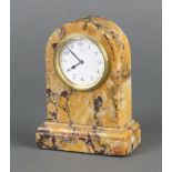 A timepiece contained in an arch shaped orange and purple veined marble case the 5cm dial with Roman