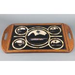 A 1930's inlaid mahogany twin handled tea tray, the centre with butterfly wing decoration of Rio