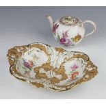 A 19th Century Meissen teapot decorated with flowers 12cm together with a ditto rectangular dish