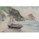 J C Uren, watercolour, beached fishing boats with rocky outcrop 34cm x 52cm, signed to bottom left