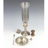 A sterling silver table lamp, a white metal dish weighable silver 164 gramsThe lamp base is bent