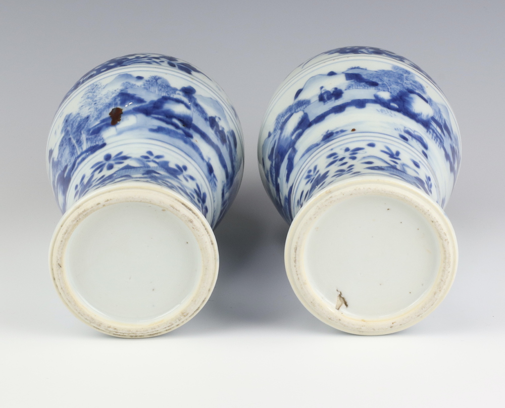 A pair of 19th Century Chinese blue and white oviform vases and covers decorated with a band of a - Image 5 of 6