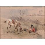 Watercolours unsigned, 19th Century amusing hunting scenes, 14cm x 19cm Repaired