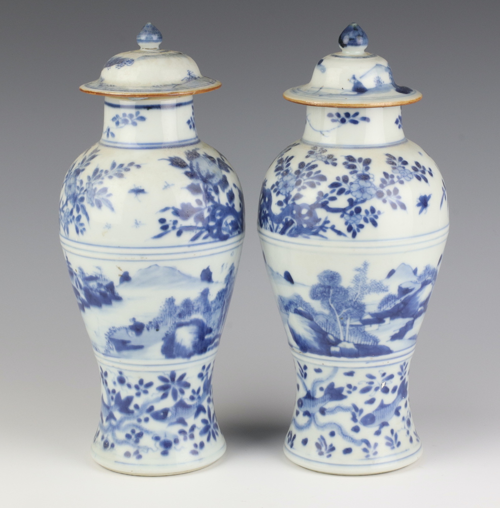 A pair of 19th Century Chinese blue and white oviform vases and covers decorated with a band of a - Image 3 of 6