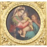 After Raphael, oil on canvas, Madonna and child with John The Baptist, circular, 19cm, contained