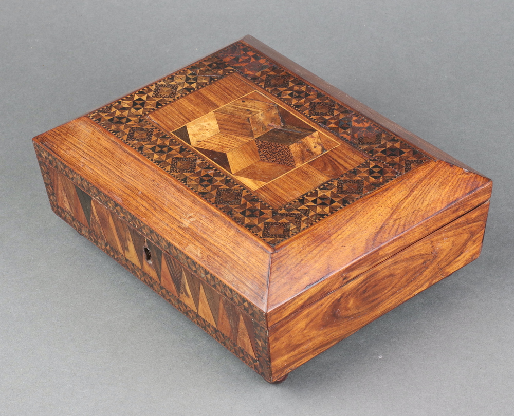 A 19th Century Tunbridge Ware style rectangular trinket box with hinged lid, the top inlaid