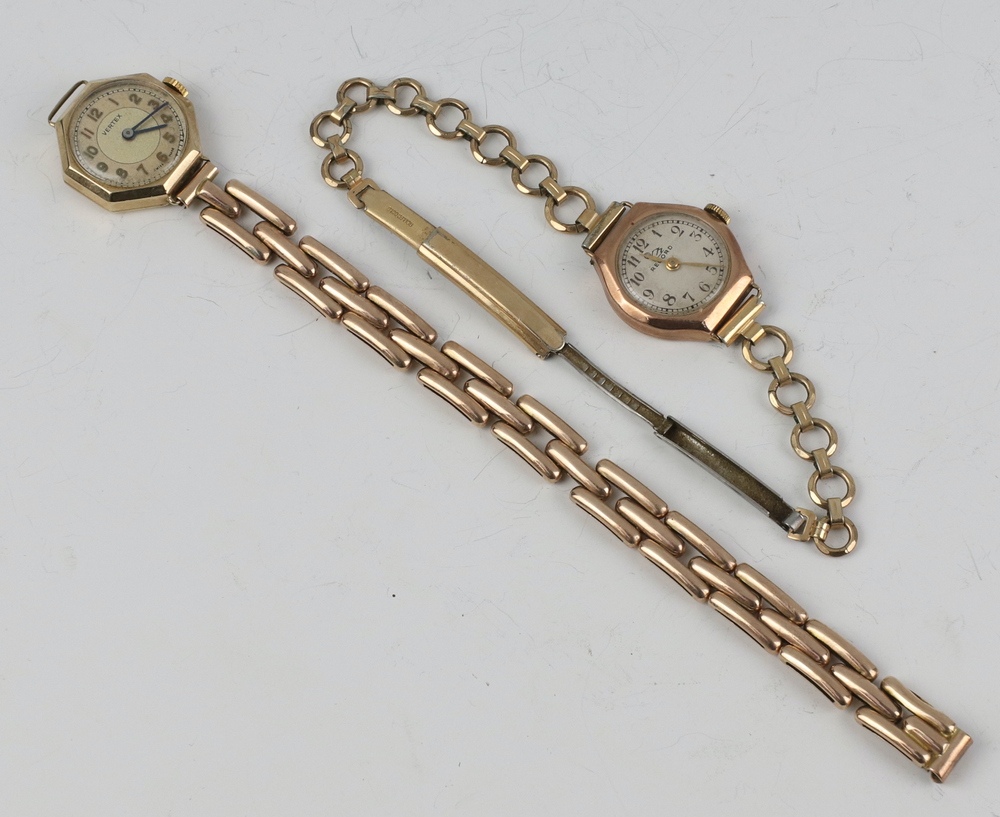 A lady's 9ct gold cased Vertex wristwatch, a Record ditto both on gold plated bracelets