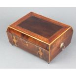 A 19th Century cushion shaped crossbanded, inlaid mahogany trinket box with hinged lid, raised on