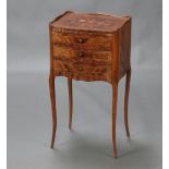 A French quarter veneered inlaid marquetry bedside chest, the top inlaid flowers, fitted 3